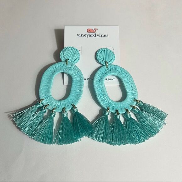 Vineyard Vines Jewelry - Vineyard Vines Aqua Oval Tassel Drop Earrings Gold Tone Statement Beach